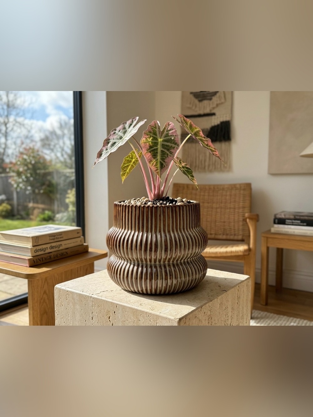 Ribbed Ceramic Planter 7 Inch Glazed Ceramic Pot with Drainage Hole
